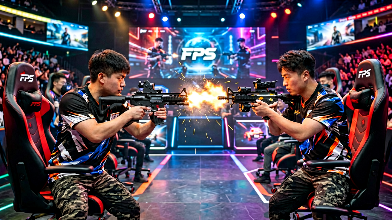 FPS类电竞比赛现场，职业选手进行射击对抗的竞技画面